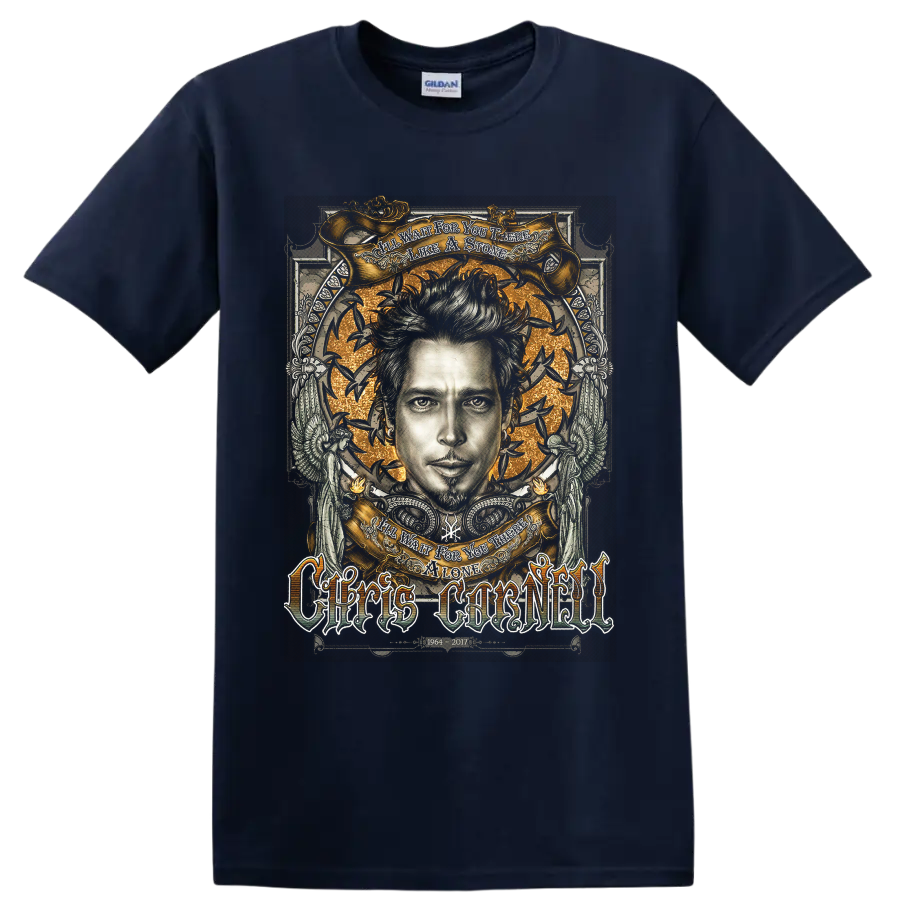 Chris Cornell gothic memorial portrait with gold banners, birds, wings, and tribute on a Navy (Blue) T Shirt