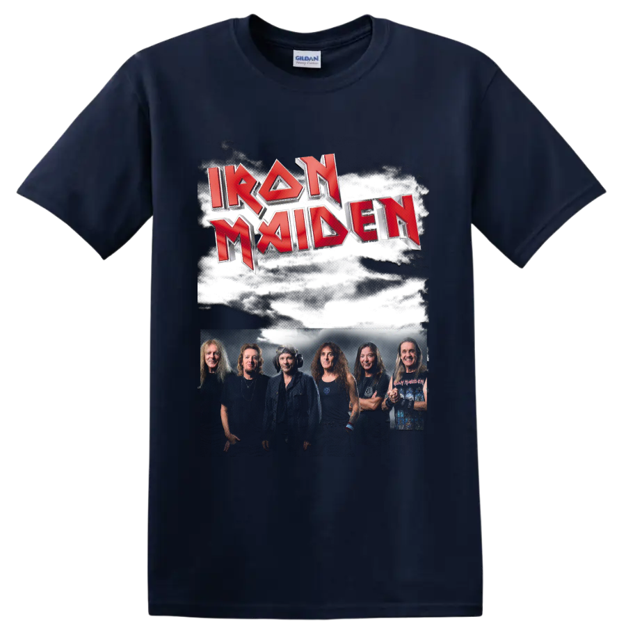 Iron Maiden red metallic logo above a smoky band group photo on a Navy (Blue) T Shirt