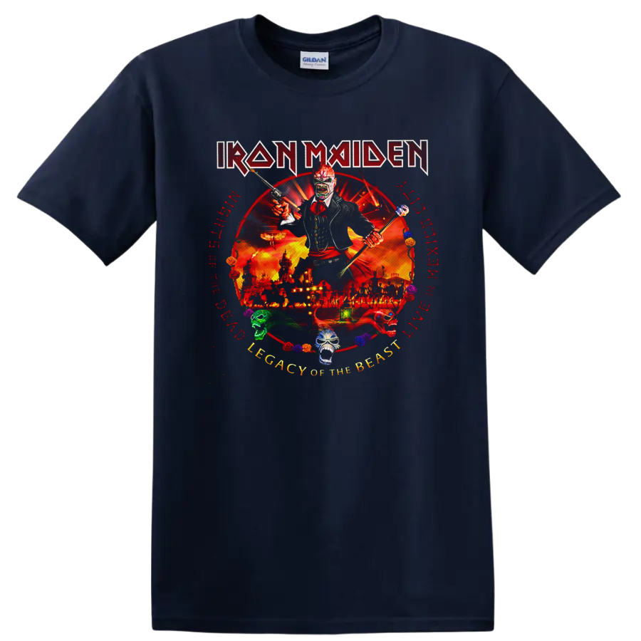 Iron Maiden Eddie in fiery Legacy of the Beast live artwork with skulls and roses on a Navy (Blue) T Shirt