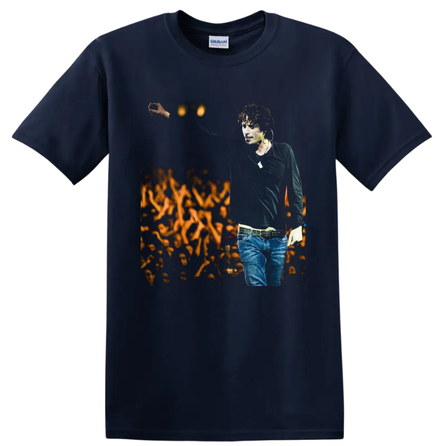 Chris Cornell live concert portrait with raised arm and glowing crowd backdrop on a Navy (Blue) T Shirt