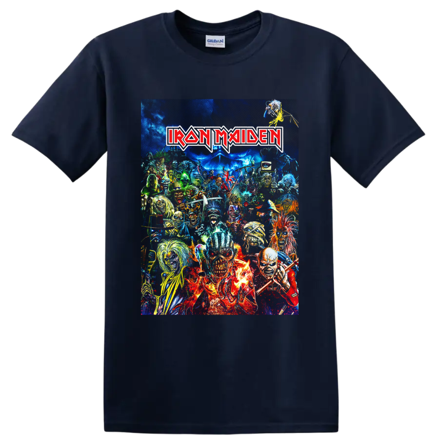 Iron Maiden Eddie the Head heavy metal collage with band logo and vivid horror artwork on a Navy (Blue) T Shirt
