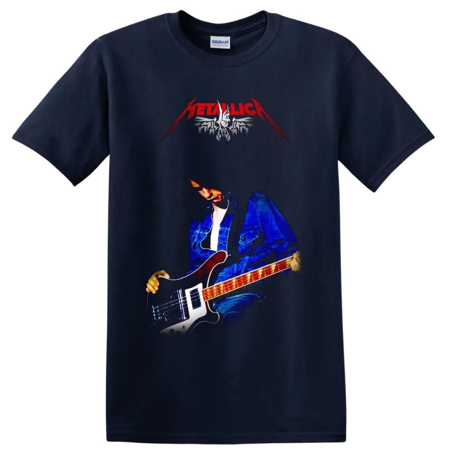 Cliff Burton playing bass in a dramatic Metallica tribute graphic on a Navy (Blue) T Shirt