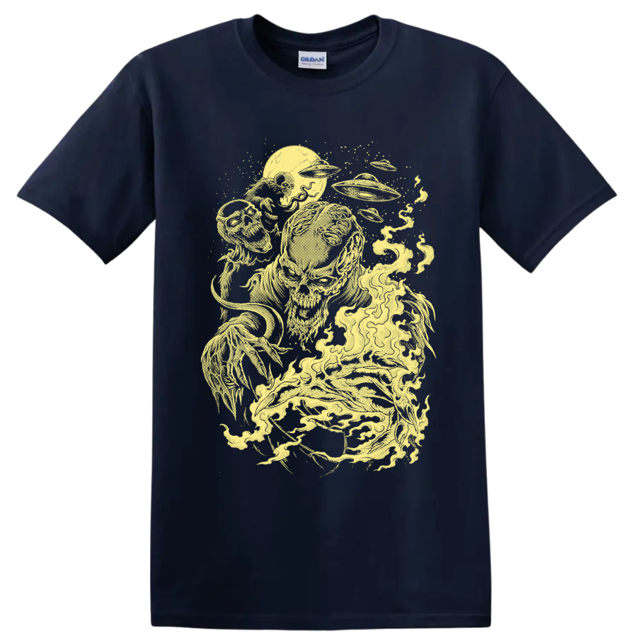Pale-yellow alien zombie horror illustration with skull-like creatures and a flying saucer on a Navy (Blue) T Shirt