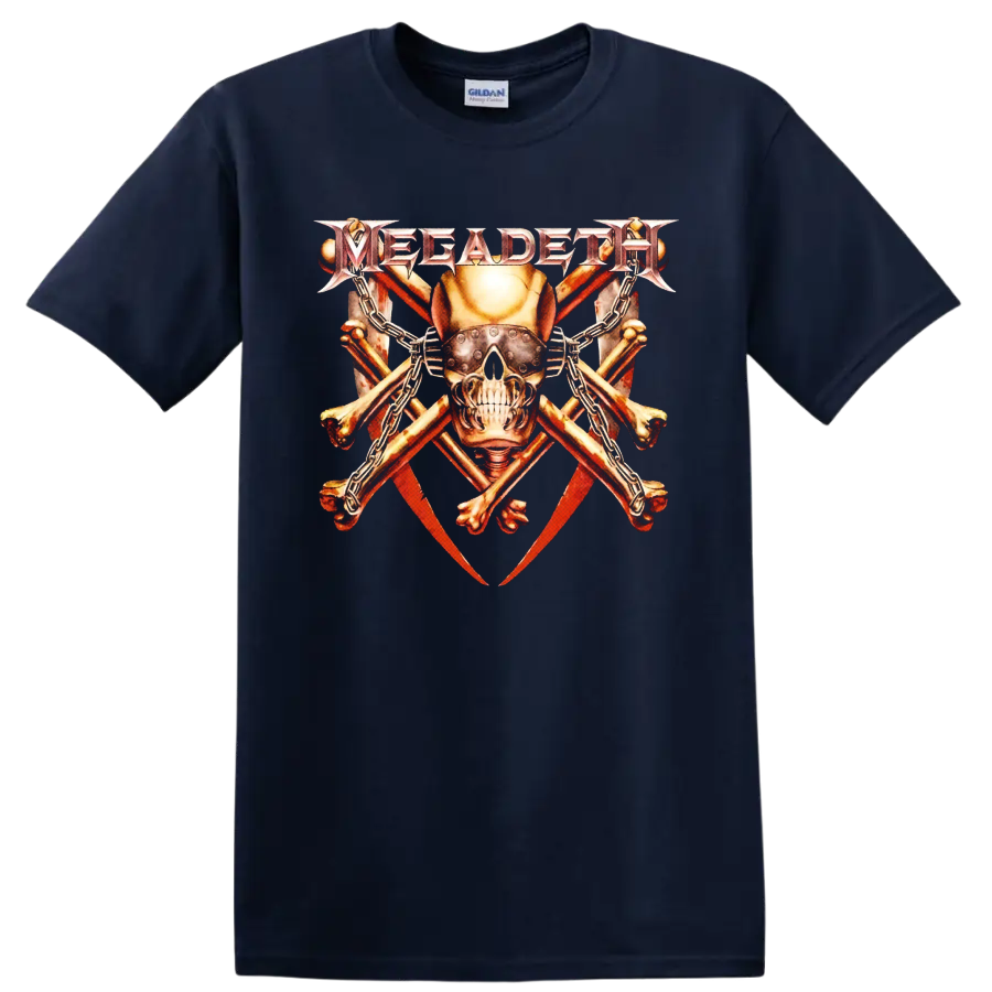 Megadeth Vic Rattlehead armored skull with chains, crossed bones, and red blades on a Navy (Blue) T Shirt