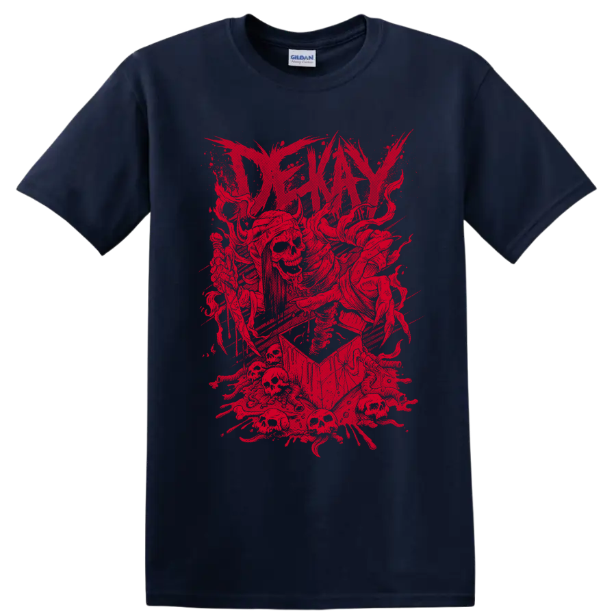 Distressed red Dekay skeleton graphic with splatter and angular rock-metal artwork on a Navy (Blue) T Shirt
