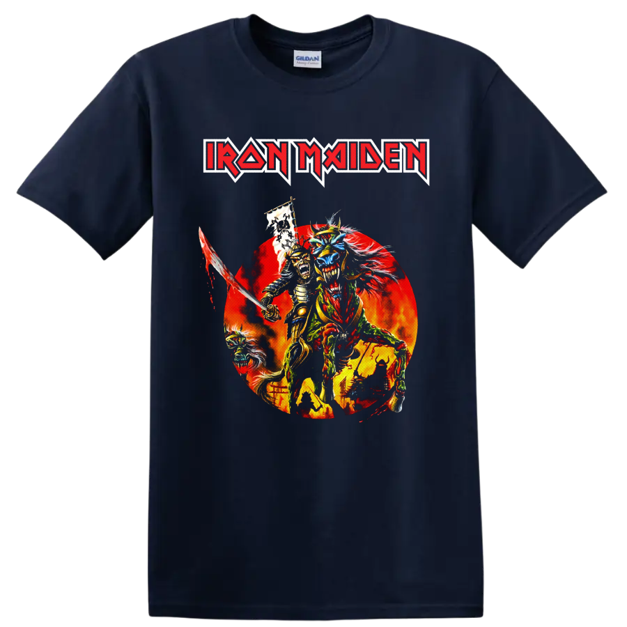Iron Maiden Eddie the Head samurai warrior graphic with sword and fiery backdrop on a Navy (Blue) T Shirt