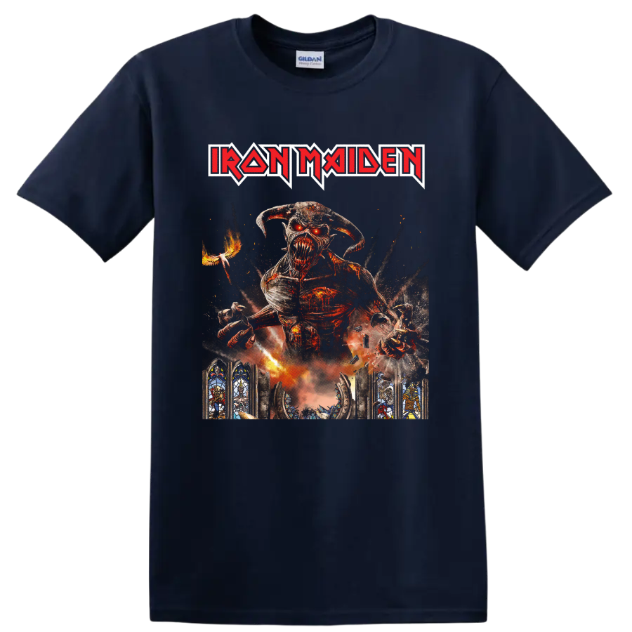 Iron Maiden Eddie the Head in fiery gothic Legacy of the Beast-inspired artwork on a Navy (Blue) T Shirt