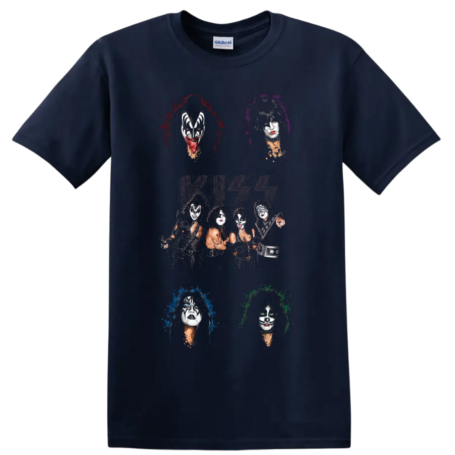 KISS original lineup portrait collage with logo and colorful paint-splatter halos on a Navy (Blue) T Shirt