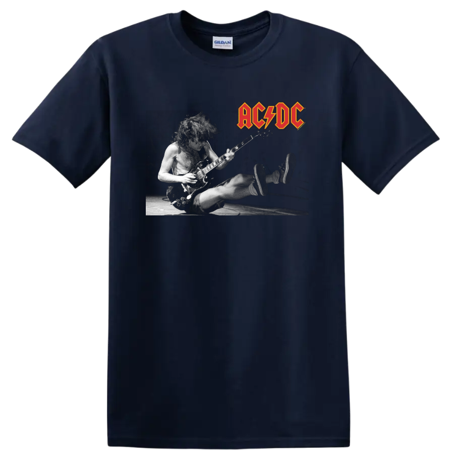 Angus Young playing guitar in a black-and-white live AC/DC concert design with band logo on a Navy (Blue) T Shirt