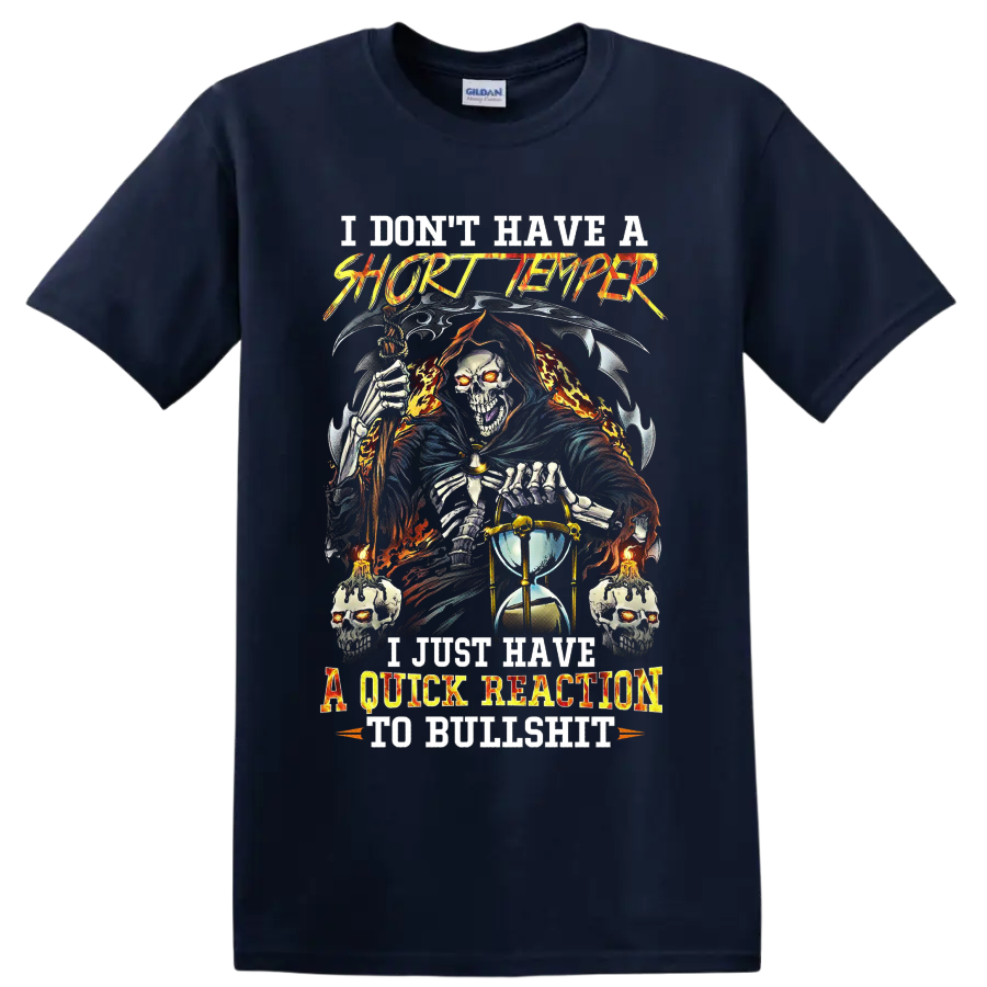 Grim Reaper with scythe, hourglass, skulls, and sarcastic gothic quote on a Navy (Blue) T Shirt