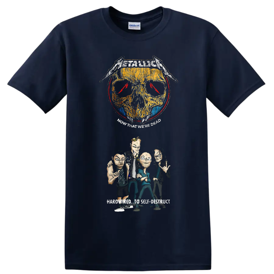 Metallica Now That We're Dead distressed skull and illustrated band graphic on a Navy (Blue) T Shirt