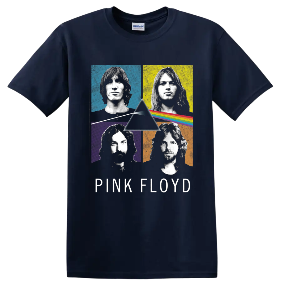 Pink Floyd member portraits with Dark Side of the Moon prism and rainbow graphic on a Navy (Blue) T Shirt
