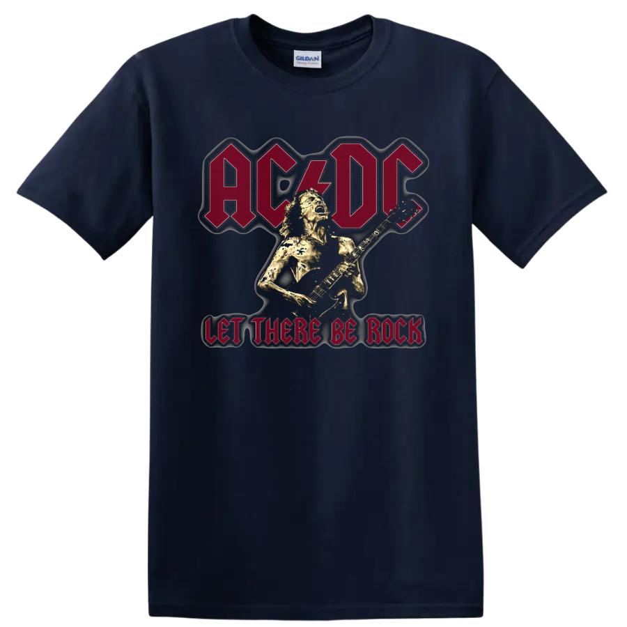 AC/DC Let There Be Rock graphic with Angus Young playing electric guitar on a Navy (Blue) T Shirt