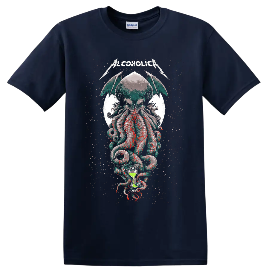 Alcoholica Cthulhu horror metal graphic with winged tentacles and hourglass on a Navy (Blue) T Shirt