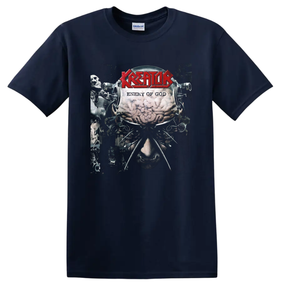 Kreator Enemy of God album art with red logo, brain, skulls, and mechanical horror imagery on a Navy (Blue) T Shirt