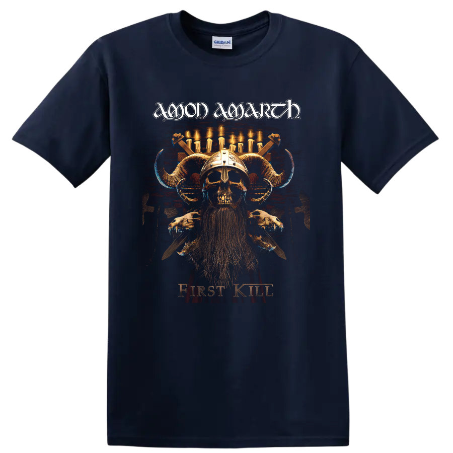 Amon Amarth First Kill Viking skull warrior graphic with horned helmet and candles on a Navy (Blue) T Shirt