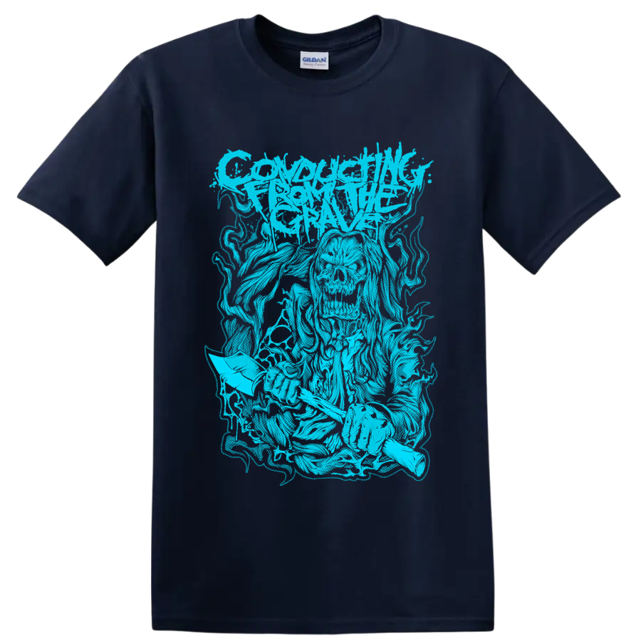 Conducting From the Grave distressed cyan metal band logo graphic on a Navy (Blue) T Shirt