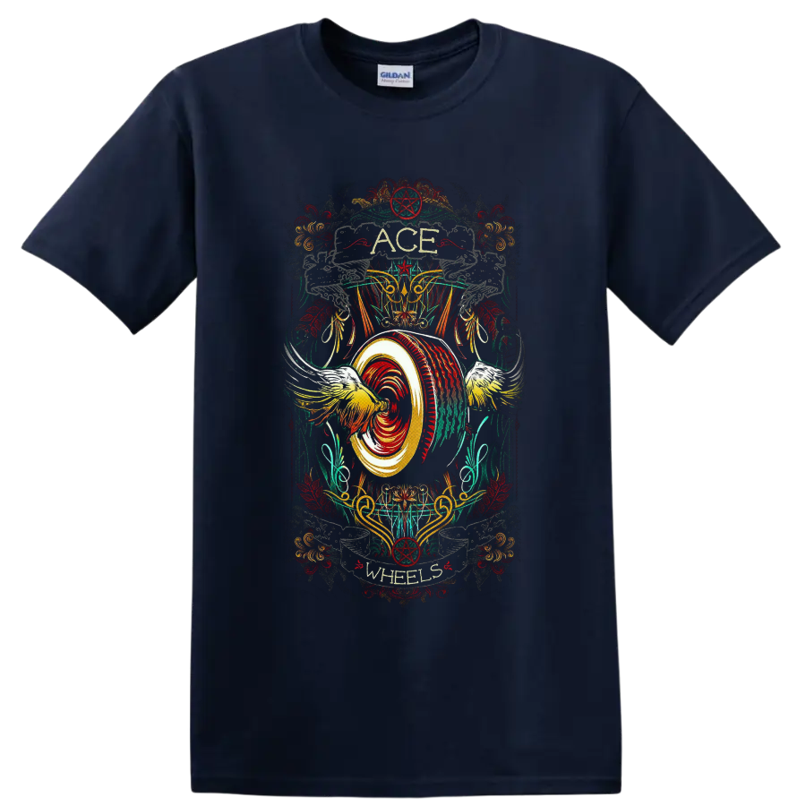 Ace Wheels distressed rockabilly winged wheel and pentagram custom-culture graphic on a Navy (Blue) T Shirt