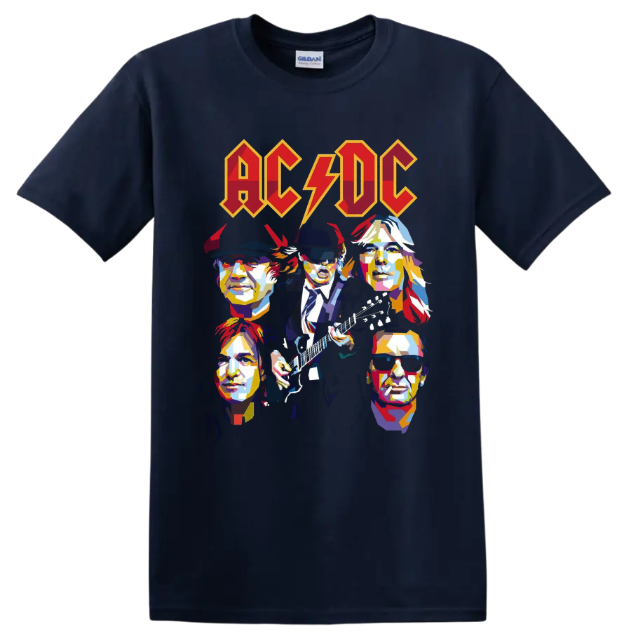 AC/DC pop-art band portraits with Angus Young playing guitar beneath lightning-bolt logo on a Navy (Blue) T Shirt