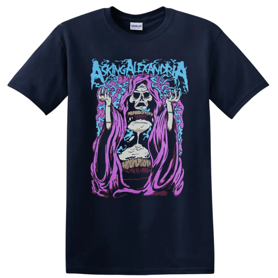 Asking Alexandria logo above purple-robed skull reaper with dripping hourglass on a Navy (Blue) T Shirt