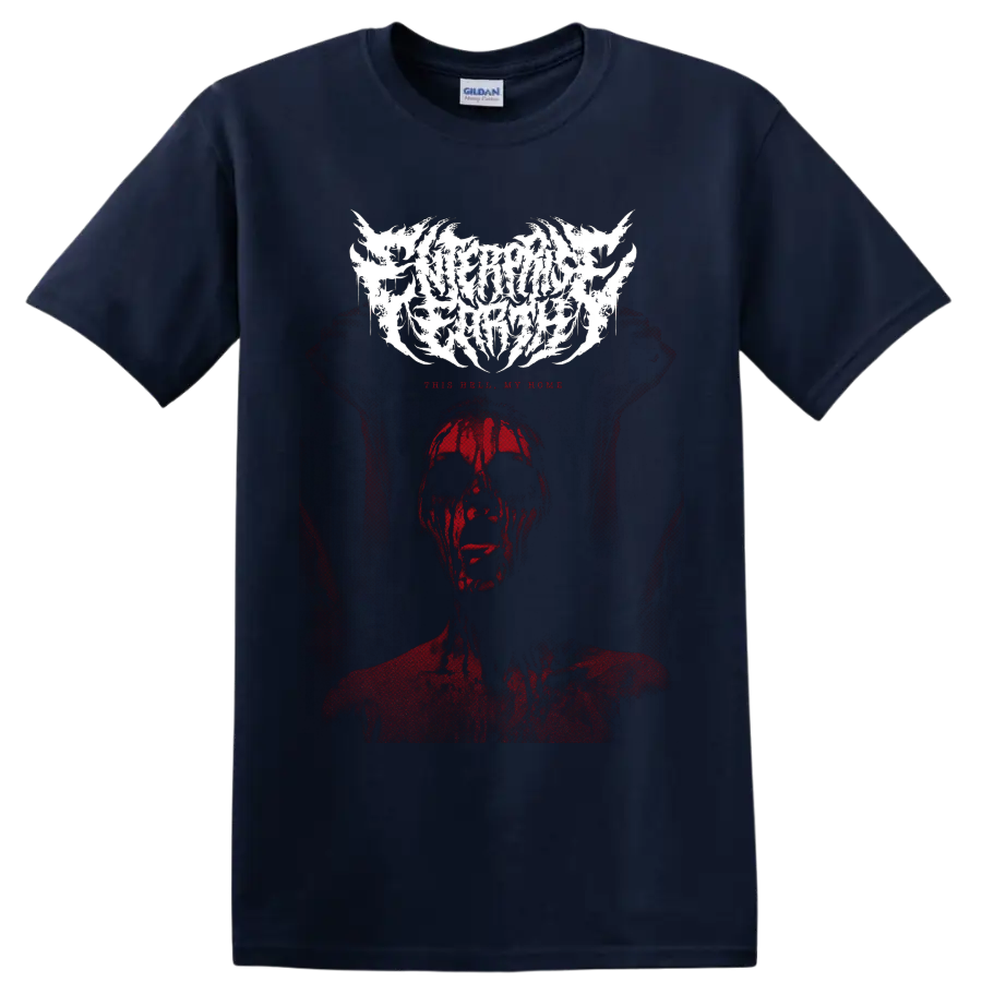 Enterprise Earth logo above a distressed red skull-like figure and This Hell My Home text on a Navy (Blue) T Shirt