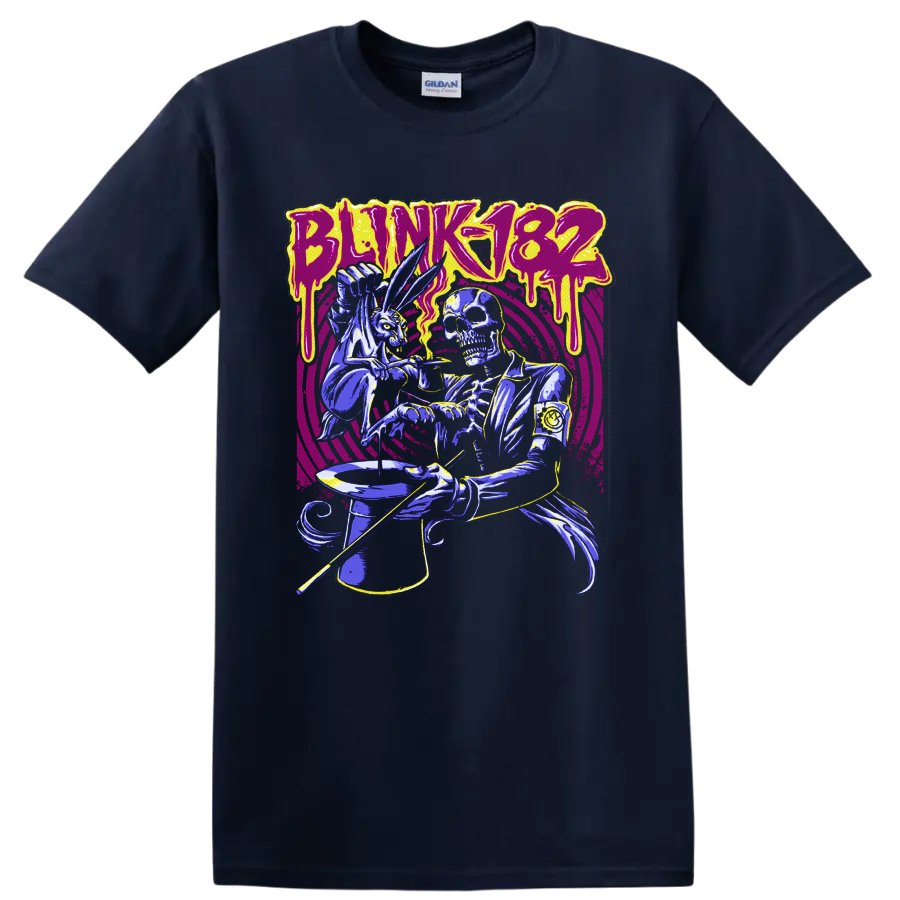 Blink-182 skeleton magician and rabbit with top hat in neon punk-horror art on a Navy (Blue) T Shirt