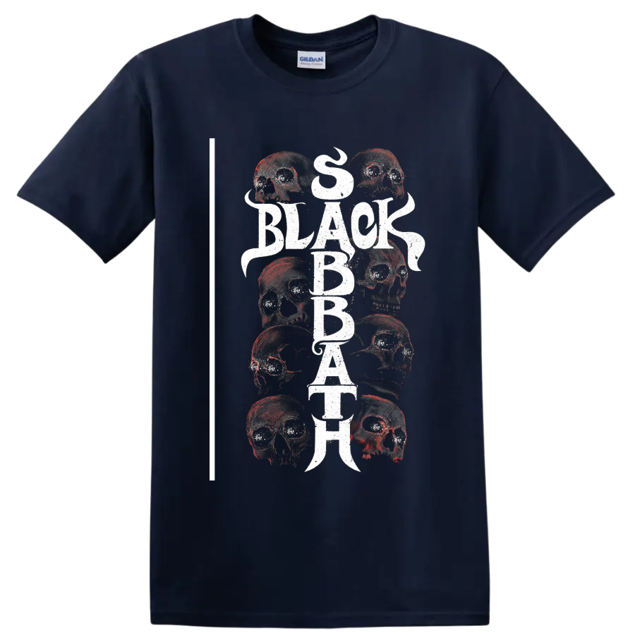 Black Sabbath distressed vertical lettering with layered skull artwork on a Navy (Blue) T Shirt