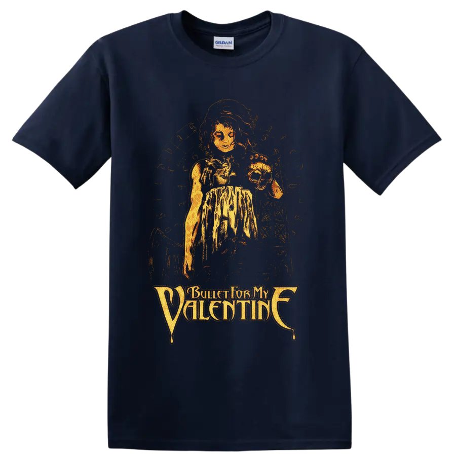 Bullet for My Valentine gothic woman and skull graphic with distressed logo lettering on a Navy (Blue) T Shirt