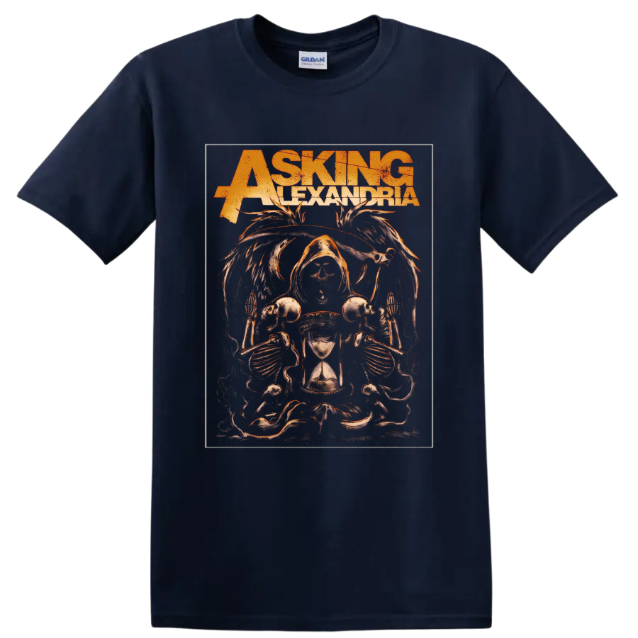 Asking Alexandria distressed gothic graphic with hooded skeleton, skulls, and hourglass on a Navy (Blue) T Shirt