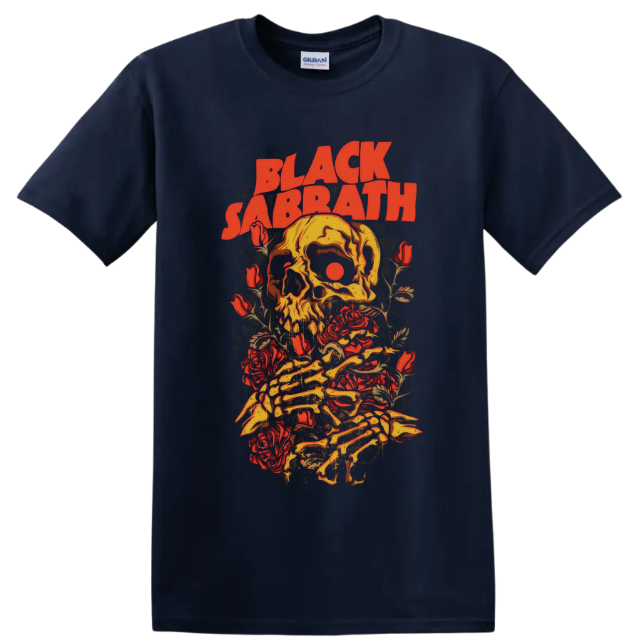 Black Sabbath vintage skull and red roses graphic with skeletal hands on a Navy (Blue) T Shirt