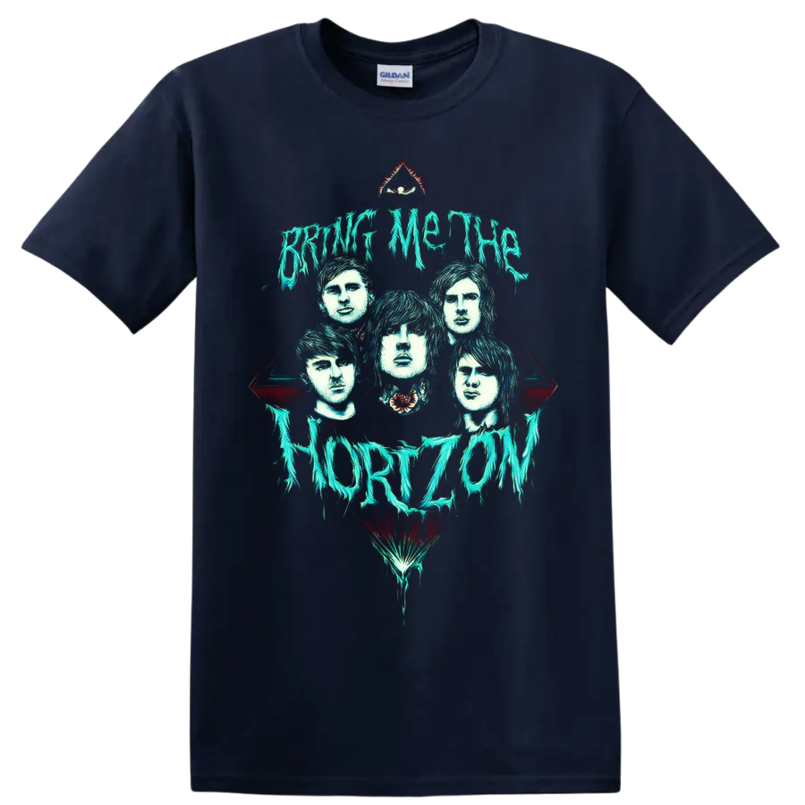 Bring Me the Horizon portraits with dripping turquoise text and gothic eye motif on a Navy (Blue) T Shirt