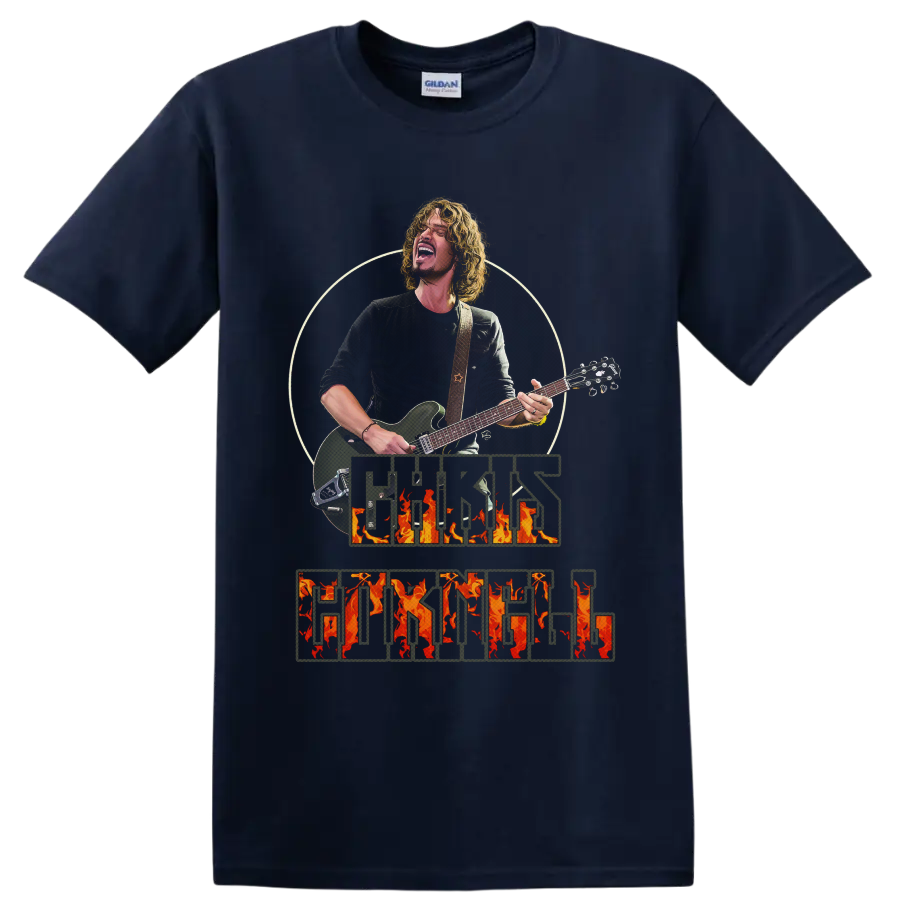 Chris Cornell guitar performance portrait with distressed flaming name lettering on a Navy (Blue) T Shirt