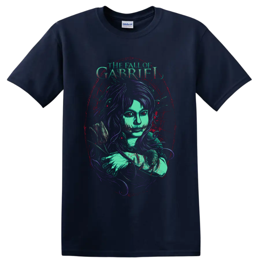 The Fall of Gabriel gothic woman with rose in distressed teal, purple, and red art on a Navy (Blue) T Shirt