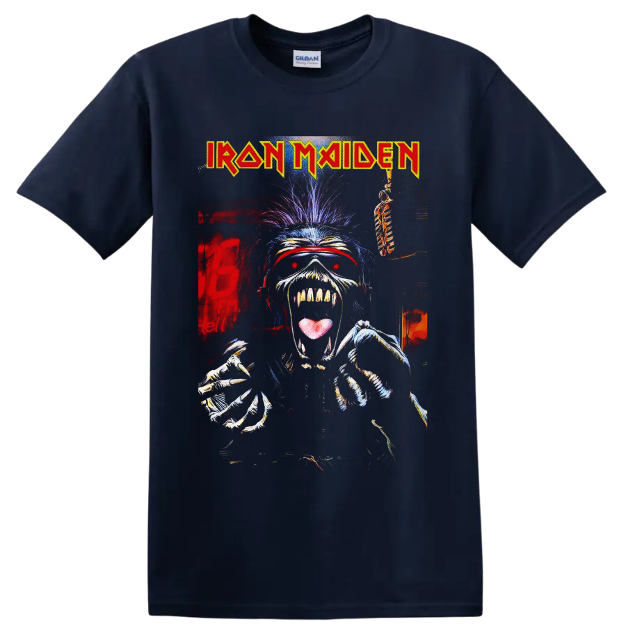 Iron Maiden Eddie the Head skeletal horror-metal graphic with band logo on a Navy (Blue) T Shirt