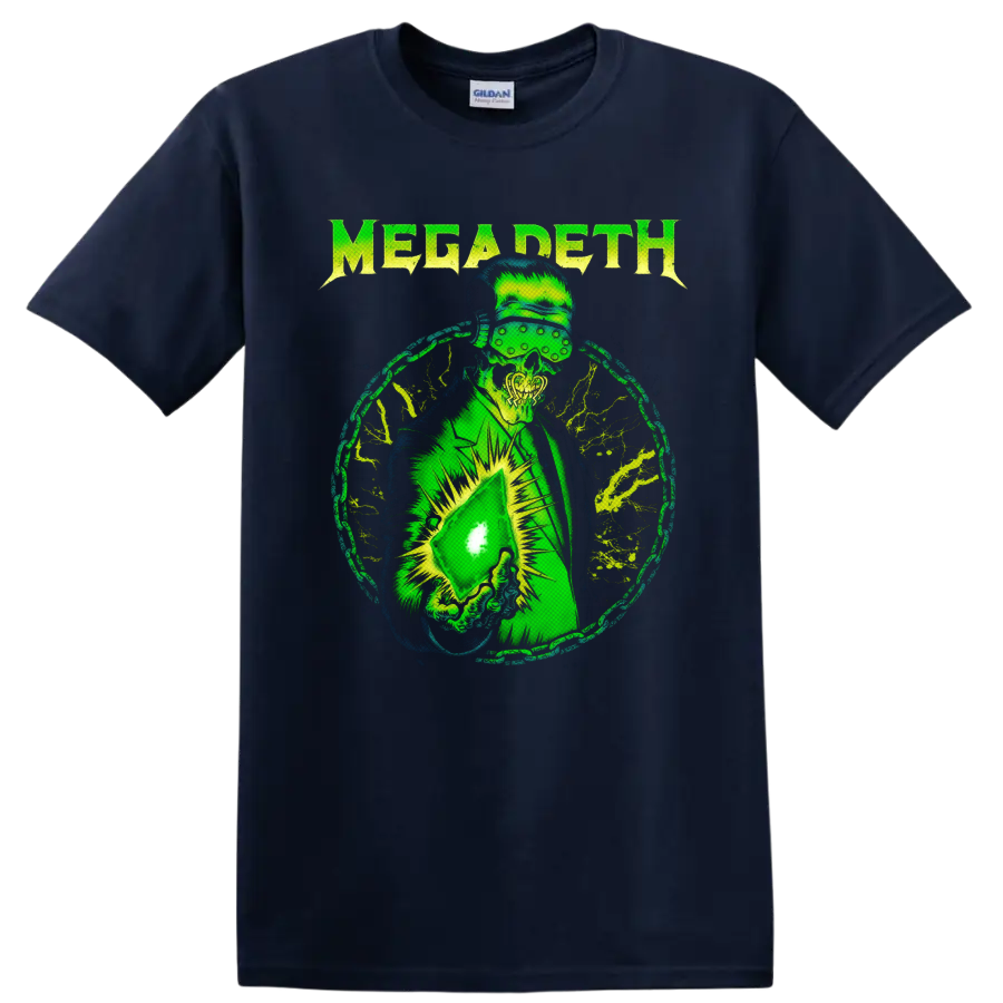 Megadeth Vic Rattlehead neon green distressed metal graphic with visor and glowing object on a Navy (Blue) T Shirt
