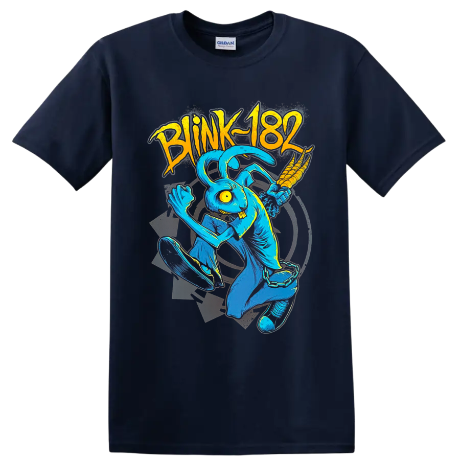 Blink-182 blue rabbit mascot skateboarding in vivid retro punk comic art on a Navy (Blue) T Shirt