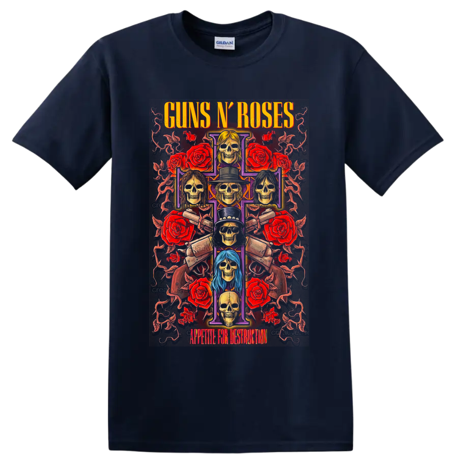 Guns N' Roses Appetite for Destruction skull cross with roses and pistols on a Navy (Blue) T Shirt