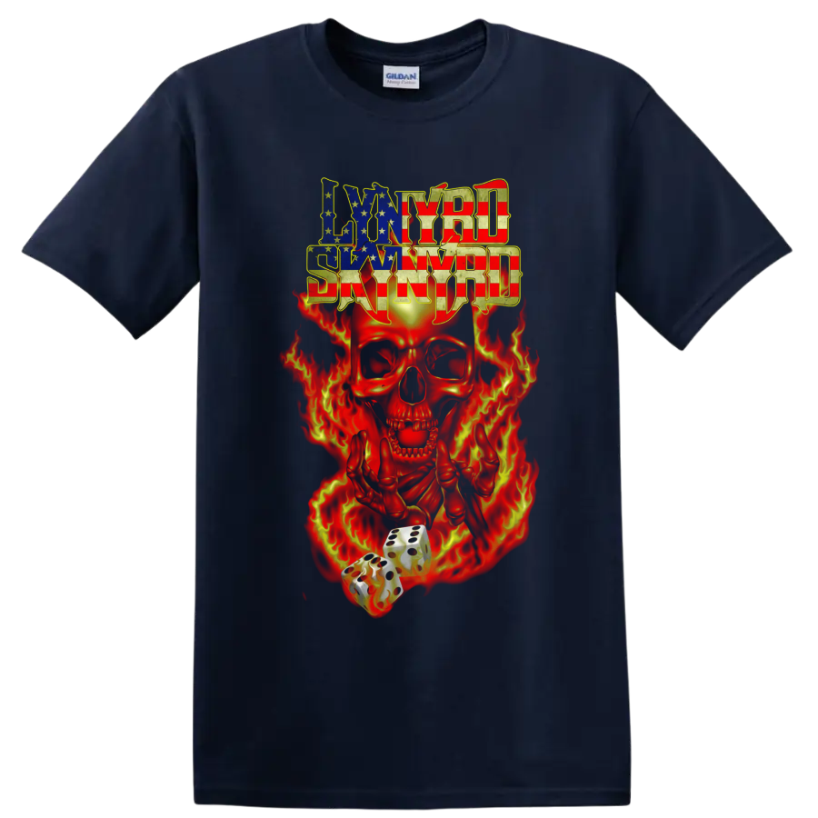 Lynyrd Skynyrd American flag lettering with flaming skull and dice graphic on a Navy (Blue) T Shirt