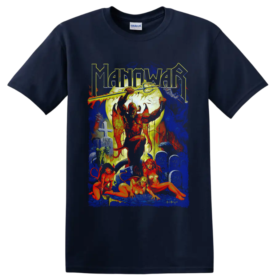 Manowar Hell on Earth IV heavy metal fantasy warrior and cemetery graphic on a Navy (Blue) T Shirt