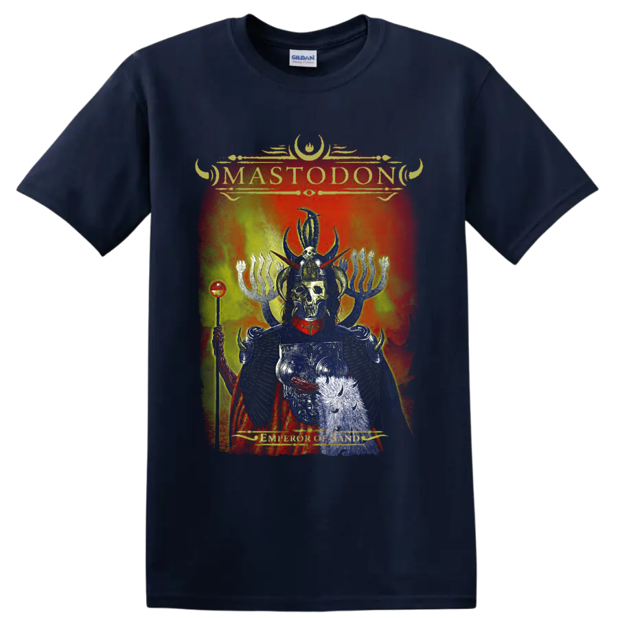 Mastodon Emperor of Sand distressed album art with skeletal horned ruler and fiery on a Navy (Blue) T Shirt