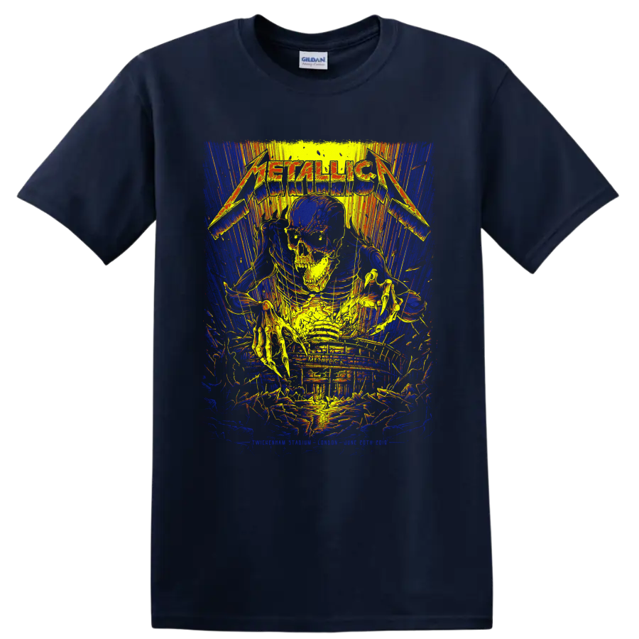 Metallica logo over a skull and skeleton in distressed neon concert-poster artwork on a Navy (Blue) T Shirt