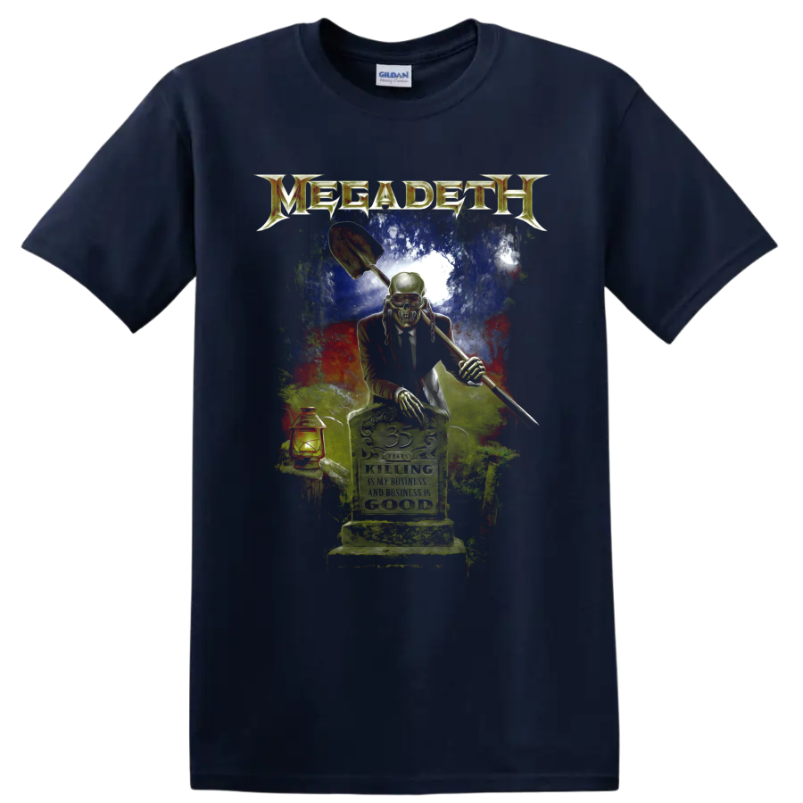 Megadeth Vic Rattlehead graveyard graphic with shovel, lantern, and distressed metal art on a Navy (Blue) T Shirt