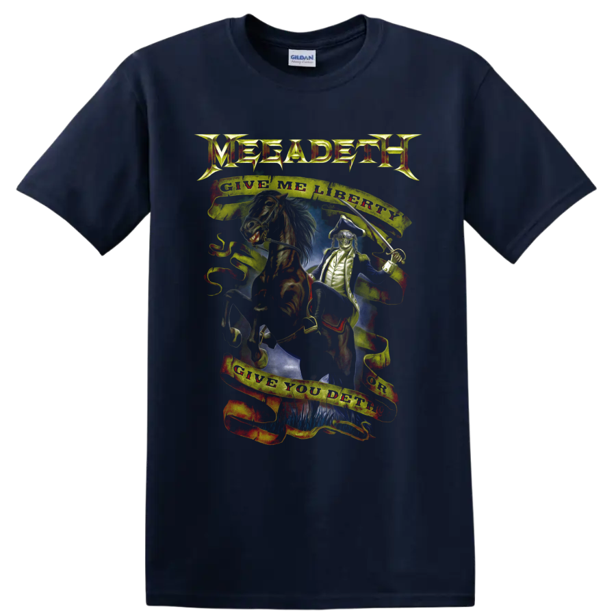 Megadeth Vic Rattlehead horse and saber graphic with Give Me Liberty Give You Deth banners on a Navy (Blue) T Shirt