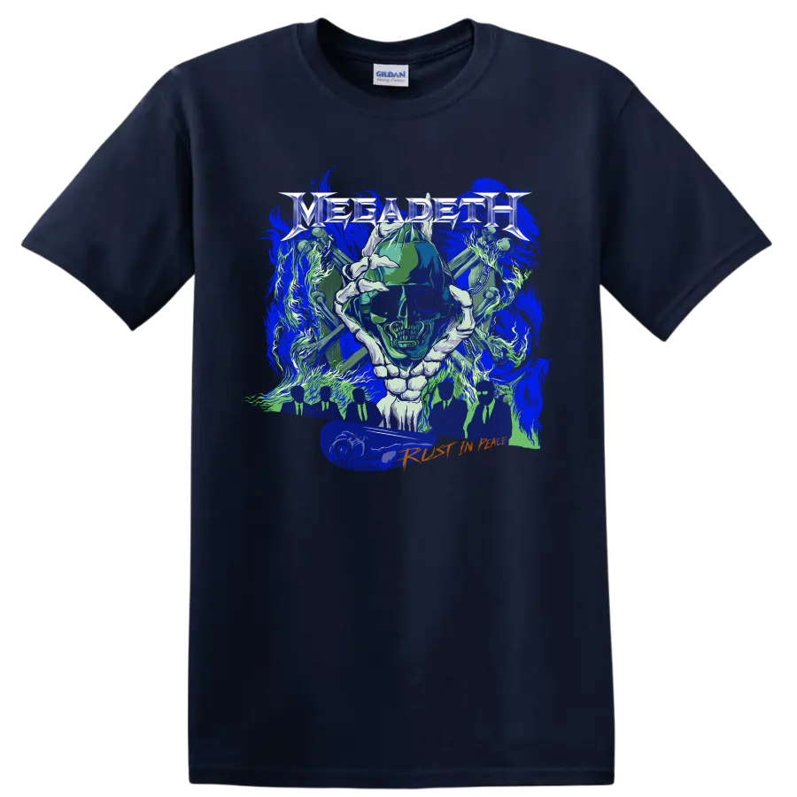 Megadeth Rust in Peace Vic Rattlehead skull heavy metal graphic on a Navy (Blue) T Shirt