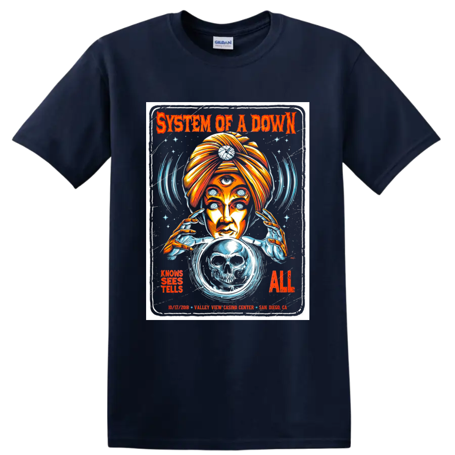 System of a Down concert poster art with psychic, skull crystal ball, and spiral eyes on a Navy (Blue) T Shirt