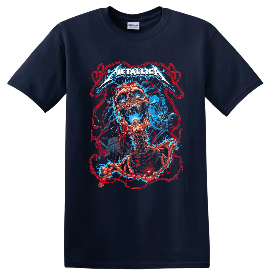 Metallica logo over surreal skull and skeleton concert art with electric blue energy on a Navy (Blue) T Shirt