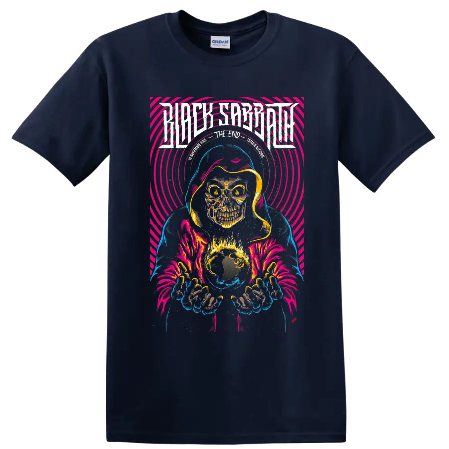 Black Sabbath The End Tour hooded skull reaper with neon psychedelic rings on a Navy (Blue) T Shirt