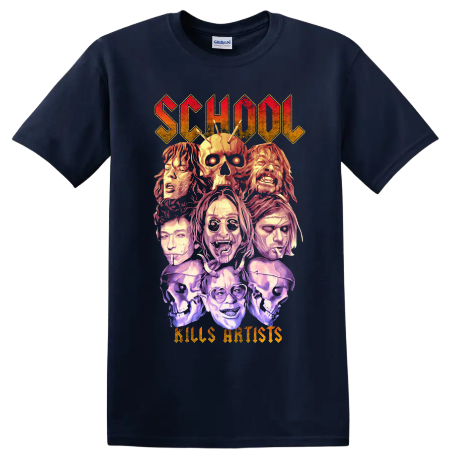 School Kills Artists gothic horror collage with skulls and illustrated faces on a Navy (Blue) T Shirt