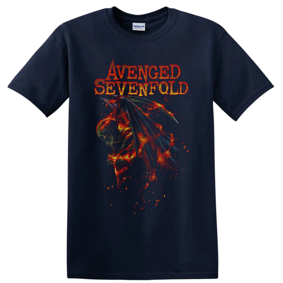 Avenged Sevenfold distressed lettering above fiery winged skeleton metal artwork on a Navy (Blue) T Shirt