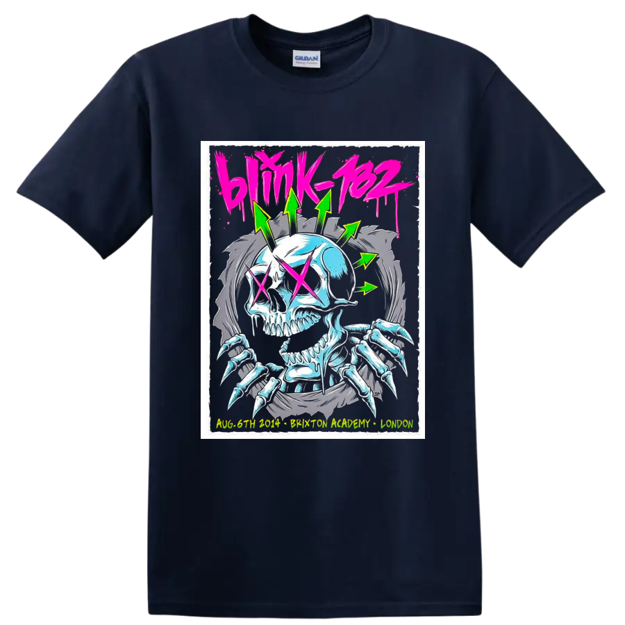 Blink-182 Brixton Academy neon skull concert poster with wings and pink X eyes on a Navy (Blue) T Shirt